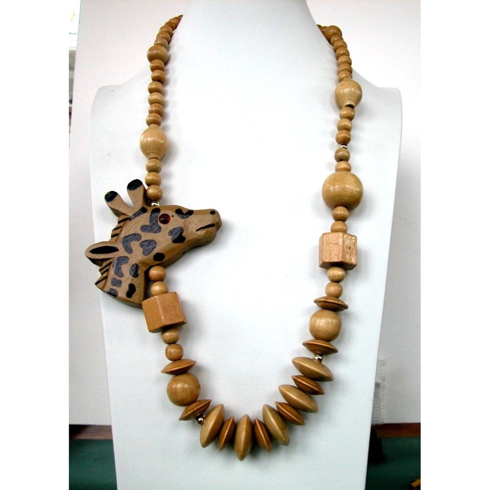 Giraffe Wooden Beaded Necklace With Carved Animal Pendant & Screw Clasp